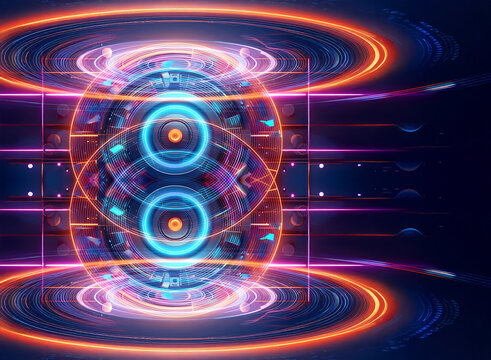 Abstract digital artwork featuring glowing concentric circles and lines in vibrant orange and purple hues against a dark backdrop, suggesting a futuristic technology or energy theme.