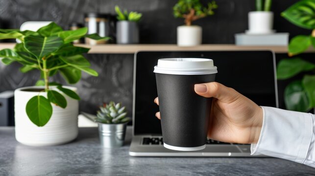 Businesswoman enjoying coffee while working on laptop in home office or caf environment