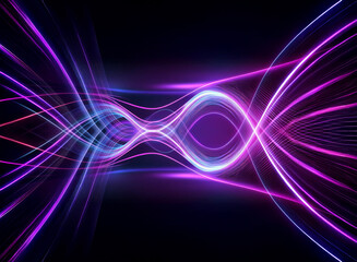 Abstract image of glowing purple and blue lines form symmetrical wave against dark background. Vibrant, dynamic light streaks create futuristic feel.