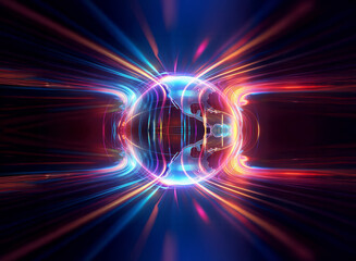 A vibrant sphere emits radiant energy, creating a dynamic and colorful explosion of light. Abstract beams flow outward, suggesting motion and intensity.