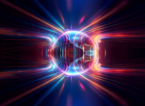 A vibrant sphere emits radiant energy, creating a dynamic and colorful explosion of light. Abstract beams flow outward, suggesting motion and intensity.