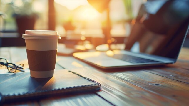 Businesswoman enjoying coffee while working on laptop at home office or coffee shop during break