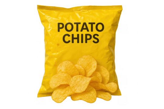Potato chips bag with original flavor snacks, displaying junk food packaging isolated on transparent background