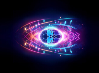Abstract globe surrounded by vibrant, glowing lines and shapes. Electric blue and pink hues create a dynamic, futuristic feel against a dark backdrop.