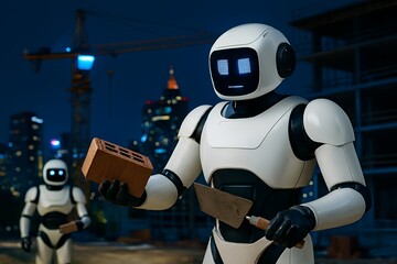 Nighttime photo of humanoid robots working at a construction site, laying bricks with trowels and clay bricks, illuminated city skyline in the background, showcasing automation in urban development.