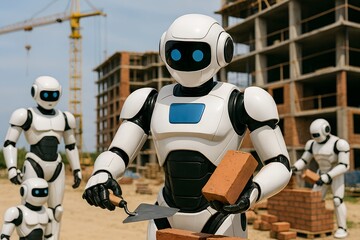 Photo of four humanoid robots working at a construction site, laying bricks and handling tools near unfinished buildings and a crane, illustrating automation and robotics in large-scale urban