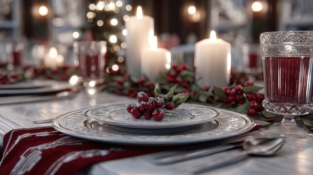 elegant holiday dining setup with red and white decor and candlelit ambiance