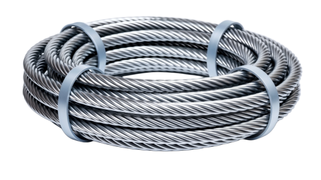 Strong steel wire rope or metal cable for industrial use. Isolated on transparent background