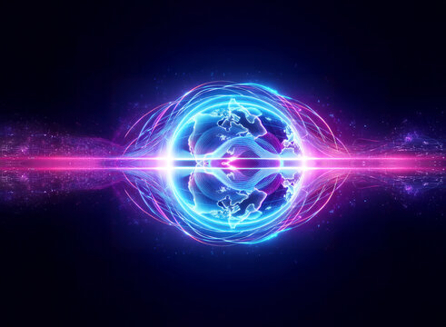 A vibrant sphere of swirling blue and purple energy radiates against a dark backdrop. Luminous trails and particles enhance the abstract, futuristic feel of this glowing, digital creation.