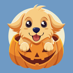Obraz premium Cute cartoon puppy peeking out of a halloween pumpkin