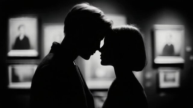 Black and white silhouette of a couple in an art gallery, framed paintings visible