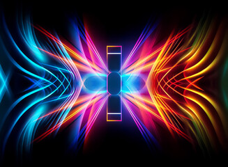 Abstract neon light streaks radiate from a central geometric shape on a dark backdrop, creating a vibrant and symmetrical composition in blue and orange hues.