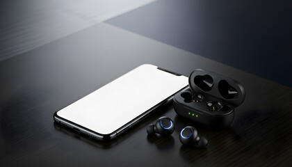 Modern wireless earbuds with charging case placed next to a smartphone on a sleek surface