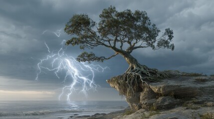 resilient tree with exposed roots clinging to a cliff during a dramatic coastal lightning storm