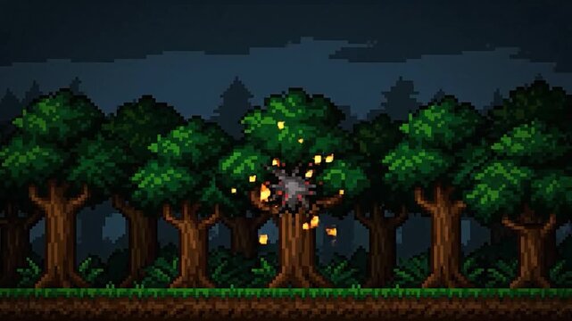 Pixelated illustration of a forest scene with a lightning strike hitting a tree, creating an explosion