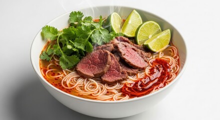Fototapeta premium Delicious Bowl of Beef Pho Noodle Soup with Fresh Lime and Cilantro Garnishes
