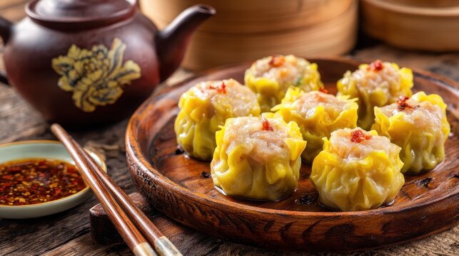 Sauced siomay served on wood platter