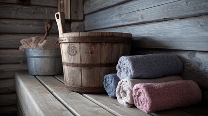 Fototapeta premium Sauna s inside featuring towels and a wooden pail