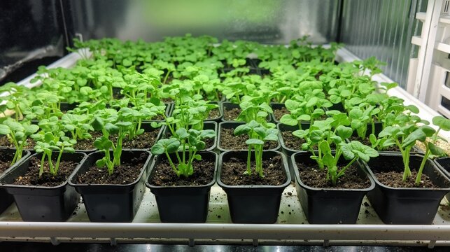 Vibrant green seedlings in black pots grown indoors under controlled lighting conditions - Powered by Adobe