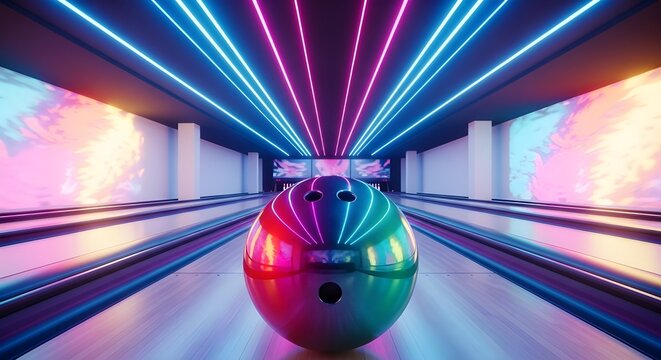 Vibrant Neon Bowling Alley Recreation with Colorful Ball Motion Blur