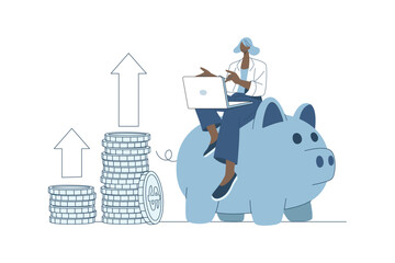 Businesswoman sitting on piggy bank with laptop and coins, symbol of savings, investments, online banking, and financial planning.
