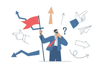 Businessman holding flag, Symbols of decision and uncertainty in business.