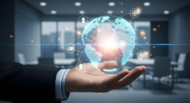 Hand Holding Glowing Digital Globe Representing Global Business Strategy and Technology