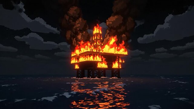 Digital art depicts a burning offshore oil platform engulfed in flames at night with dark clouds