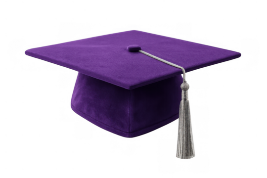 Purple graduate cap with white tassel representing education, knowledge, and success in academic pursuits, diploma day. Transparent background