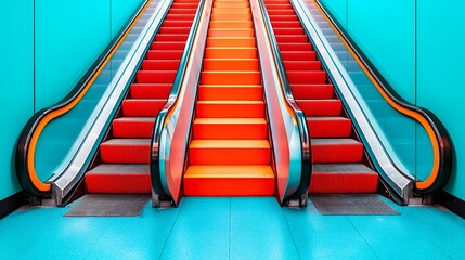 Bright Orange Escalators Ascending in Teal Subway