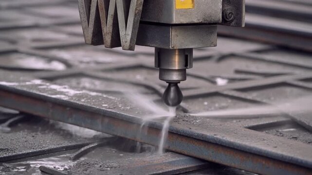 CNC waterjet cutter machine processing sheet metal in a factory.