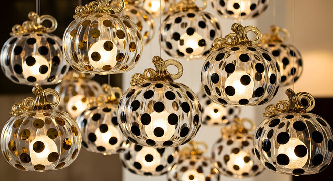 Close up of many shiny glass christmas ornaments with black polka dots hanging close together
