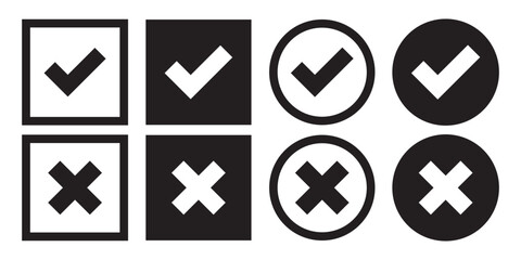 Check mark icon set. Check box icon with right and wrong buttons and yes or no checkmark icons in tick and cross  box checkmarks. Right or wrong icons. Checkmark and x mark icon for apps and websites. © Graphic Core Studio 