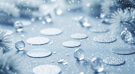 Fondo abstracto azul hielo invernal con lentejuelas escarchadas, agujas de pino y adornos de cristal; textura festiva ideal para diseño navideño y decoración de temporada.