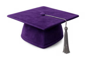 Purple graduation cap with grey tassel symbolizing higher education, academic achievement, and successful learning journey