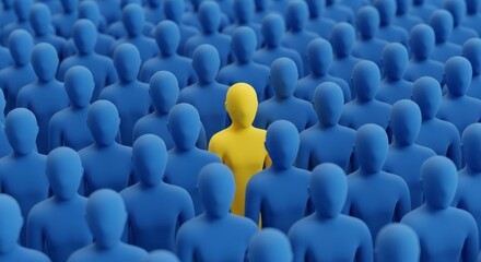 Obraz premium One vibrant yellow figure standing out amongst the crowd of similar blue figures in a leadership concept
