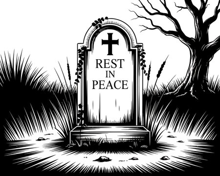 Gravestone with rest in peace inscription and a cross in a graveyard setting
