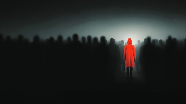 Figure in a red coat stands alone among a crowd in a foggy environment, evoking mystery and intrigue in a dimly lit scene