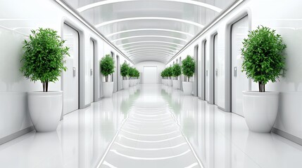 Bright White Hallway with Green Plants and Reflective Floor