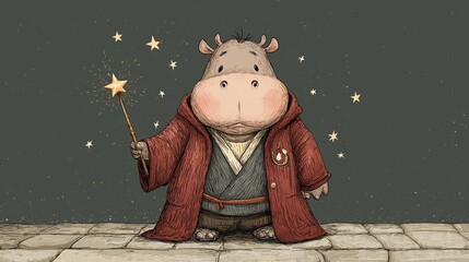 Cute hippo character in a wizard outfit holding a magic wand on a stone path surrounded by twinkling stars at night