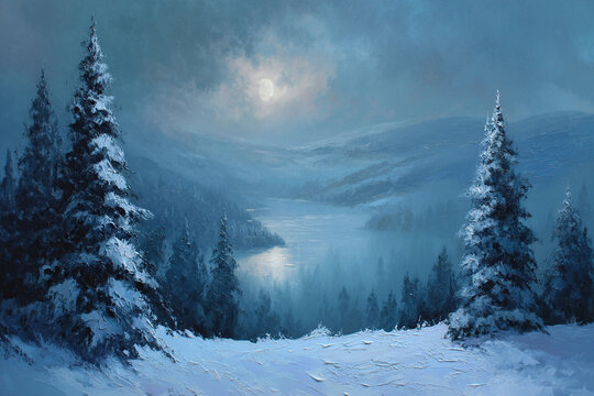 Serene winter landscape under a full moon with snow-covered fir trees and a tranquil lake reflecting moonlight