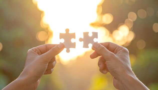 Two hands hold puzzle pieces against a blurred, warm, sunlit background. The pieces are poised to connect