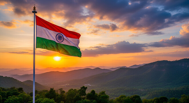 Majestic Indian Flag Landscape - Vibrant Tricolour at Sunrise