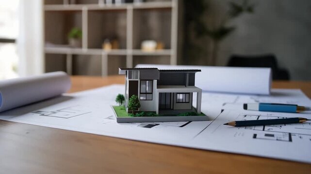 不動産プロジェクトの建築図面上に建築模型を配置した設計段階のイメージ