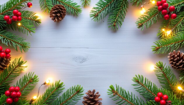 avide&ntilde;o hiperrealista con ramas de pino frescas, bayas rojas brillantes, pi&ntilde;as naturales y luces LED c&aacute;lidas y delicadas. 