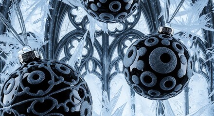 Adornos navideños góticos y espeluznantes con lunares sobre un fondo helado surrealista, decoración navideña, temática invernal