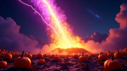 Pumpkins field with meteor shower and lightning