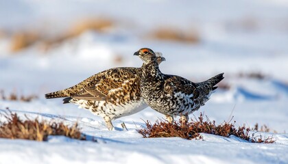 Fototapeta premium Two patterned birds with red accents on their heads stand close on a snowy landscape. Brown, wintery shrubs dot the snow. Background is out of focus