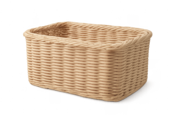 Empty woven wicker storage basket on transparent background
