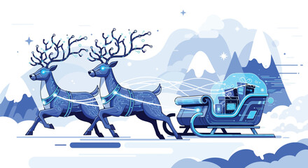 Futuristic reindeer pull Santa's high-tech sleigh through a winter wonderland, delivering digital gifts with speed and efficiency for a modern holiday season